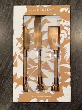 Anthropologie Set of Three Decorative Cheese Knives - Gold and Wood-Tone